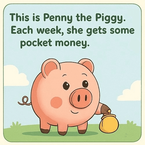 Penny Piggy receives her weekly pocket money.