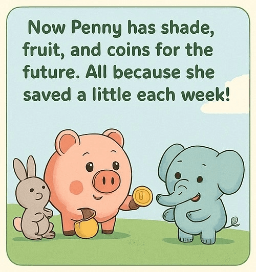 Now Penny Piggy has enough coins to buy presents for her friends.